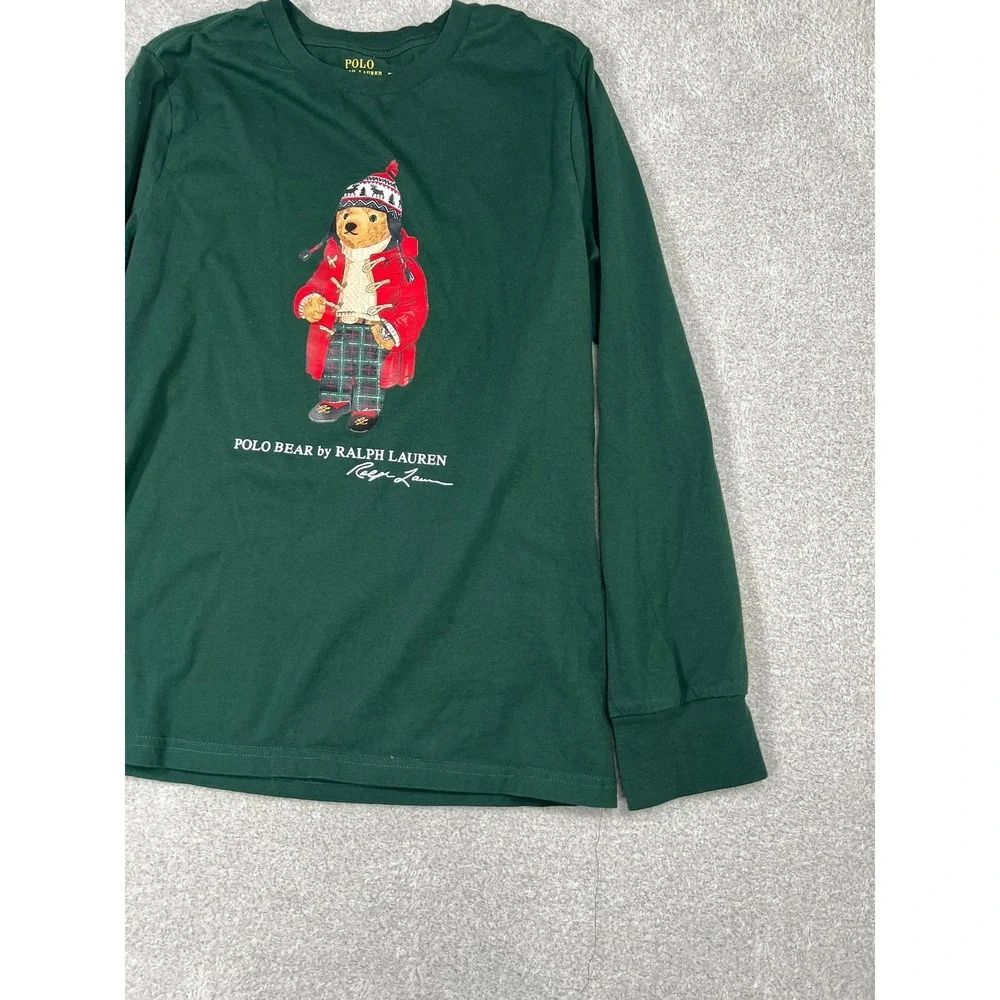 Polo Ralph Lauren Boys Large 14-16 Green Long Sleeve Polo Bear Graphic T-Shirt